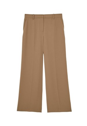 Beige wijde broek van gladde stof, voorzien van een vlakke voorkant, riemlussen en twee steekzakken aan de zijkant voor een nette uitstraling.