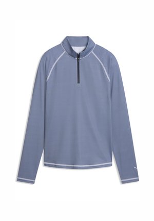 Pull léger bleu clair texturé à manches longues avec fermeture éclair quart, coutures blanches en accent et petit logo sur le poignet gauche.