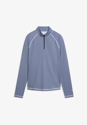 Lichtblauwe, getextureerde trui met lange mouwen, kwart rits, witte naadaaccenten en een klein logo op de linker polsmanchet.