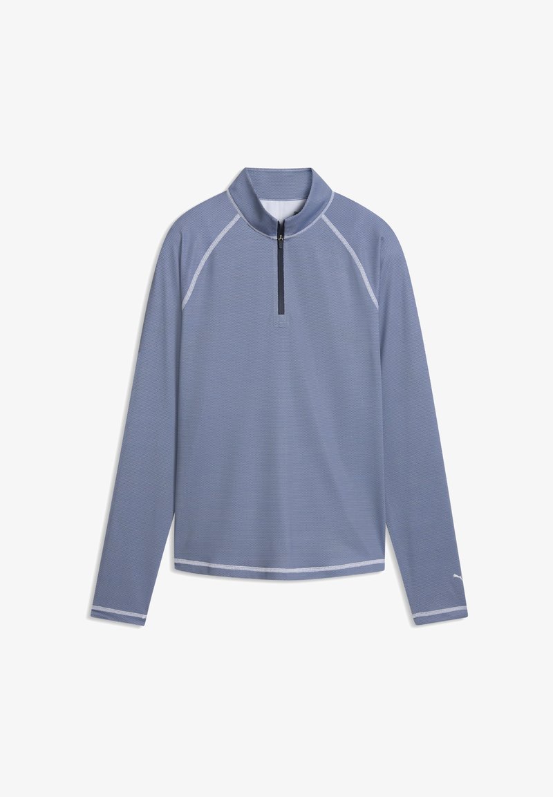 Pull léger bleu clair texturé à manches longues avec fermeture éclair quart, coutures blanches en accent et petit logo sur le poignet gauche.