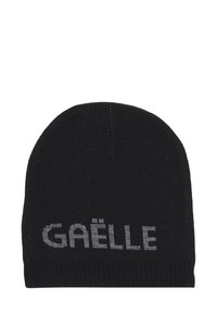 Berretto di maglia nera con bordo a costine e la parola "GAËLLE" in lettere grigie sul davanti.