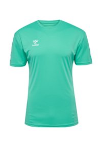 Maglietta sportiva a maniche corte verde menta realizzata in tessuto morbido, con collo rotondo e logo bianco sul davanti e dettagli a contrasto sulle maniche.