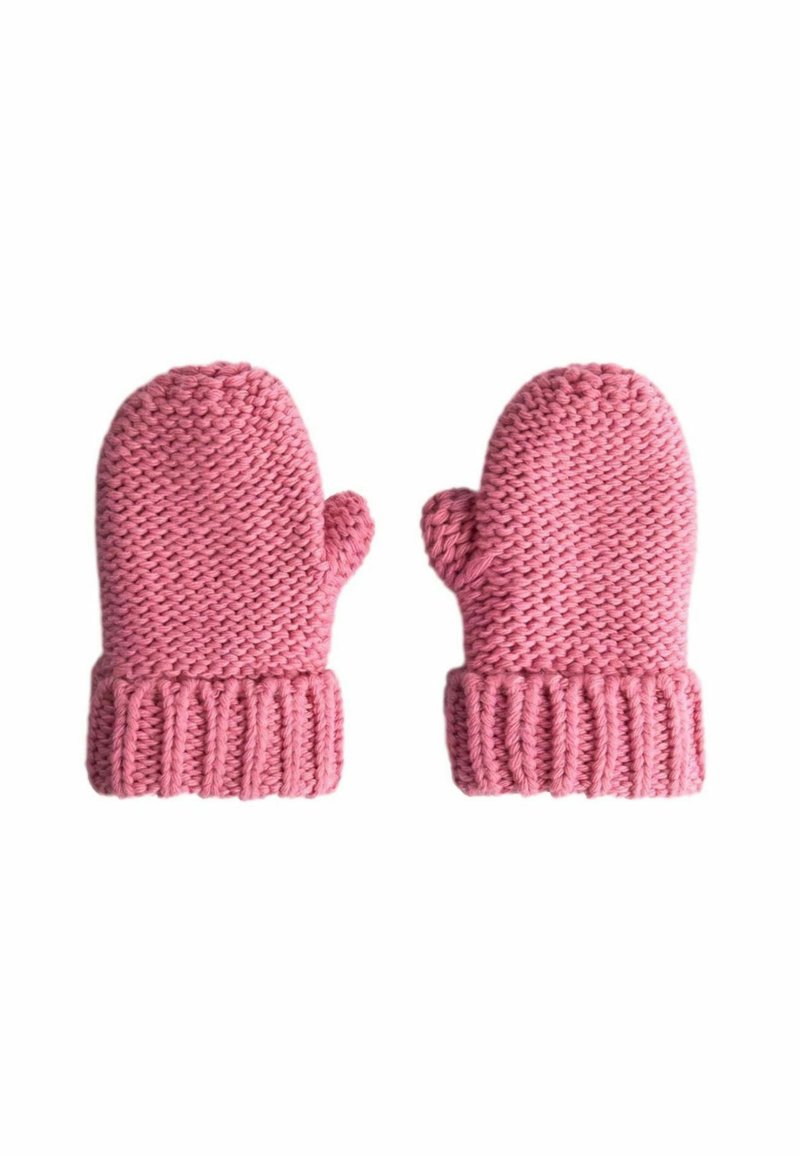 Różowe rękawiczki dziane z prążkowanym mankietem, z teksturowanym wzorem i zaokrąglonym kształtem zapewniającym ciasne dopasowanie.