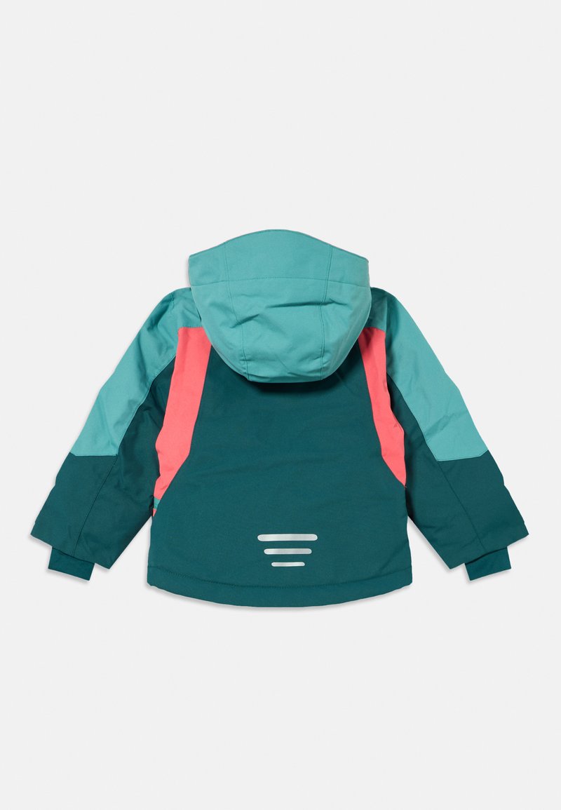 Türaqua und Korallenwinterjacke mit Kapuze, farbblockiertem Design und reflektierenden Akzenten auf der Rückseite, mit einer glatten, langlebigen Textur.
