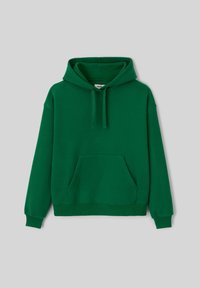 Sweat-shirt vert en mélange de coton, avec une grande poche avant, une capuche avec cordon de serrage, et des poignets et un ourlet côtelés. Texture lisse.