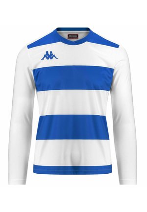 Maillot de sport blanc à manches longues avec deux larges bandes horizontales bleues et un logo Kappa bleu sur la partie supérieure gauche de la poitrine.
