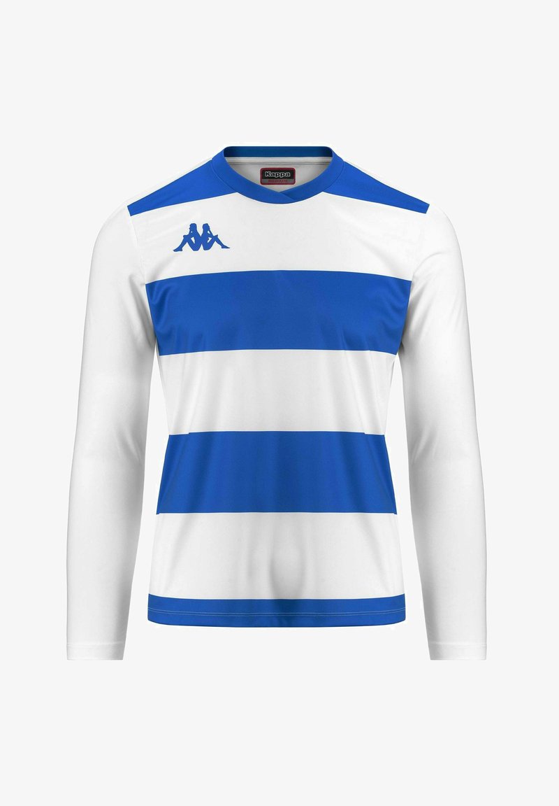 Maillot de sport blanc à manches longues avec deux larges bandes horizontales bleues et un logo Kappa bleu sur la partie supérieure gauche de la poitrine.