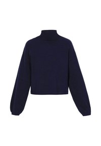 Granatowy sweter z krojem cropped i wysokim kołnierzem, z długimi, puszystymi rękawami oraz prążkowanym kołnierzem. Miękka tekstura z gładkim wykończeniem, bez widocznych wzorów czy akcentów.