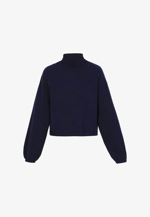 Mornarska skraćena rolka s dugim, napuhanim rukavima i rebrastim ovratnikom. Mekana tekstura s glatkom površinom i bez vidljivih uzoraka ili akcenata.