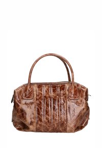 Borsa in pelle marrone con finitura lucida, manici arrotondati e chiusura con zip. Presenta pieghe verticali sul davanti e una superficie morbida e strutturata.