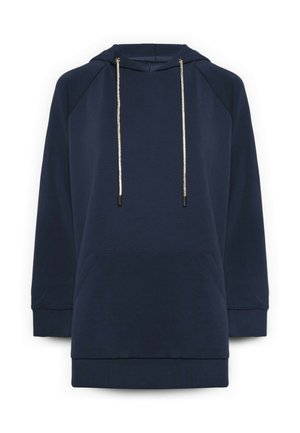 Felpa con cappuccio blu navy a maniche lunghe con tasca a marsupio frontale e cordini argentati sul cappuccio.