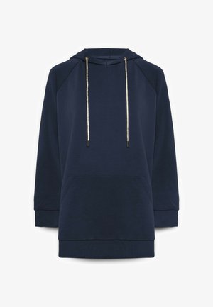 Felpa con cappuccio blu navy a maniche lunghe con tasca a marsupio frontale e cordini argentati sul cappuccio.
