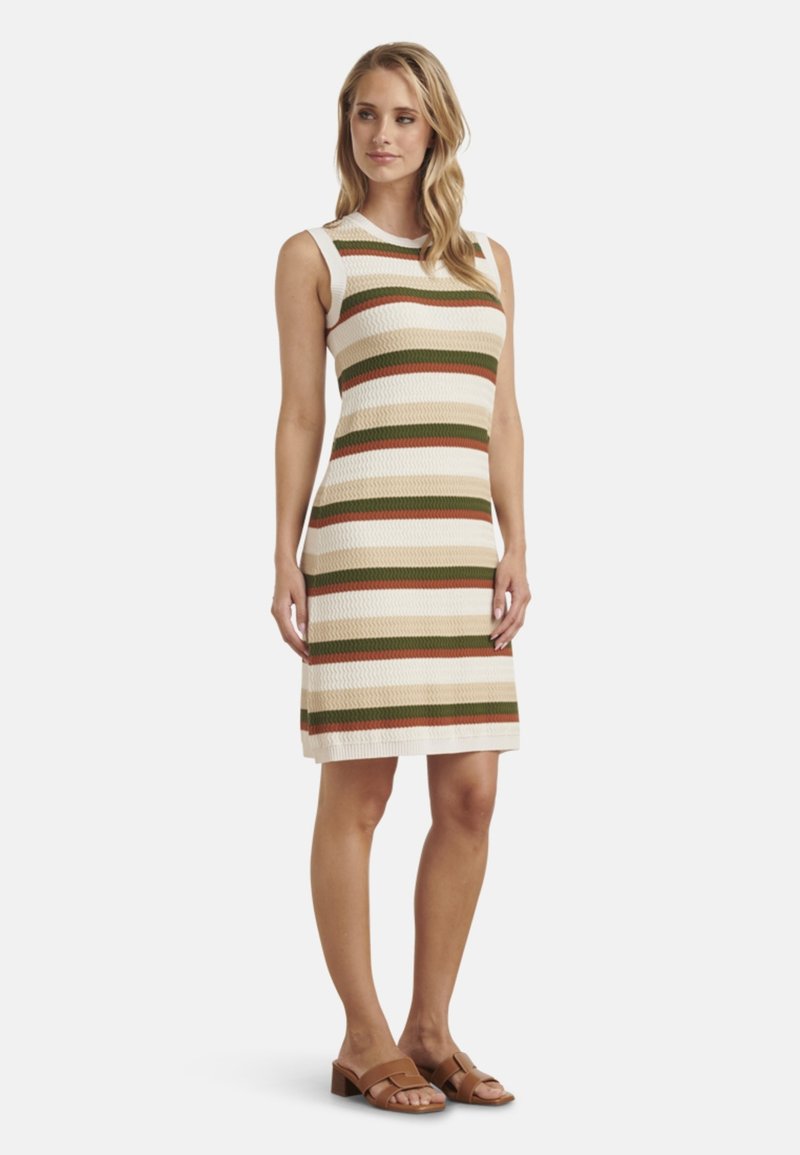 Strickkleid mit vertikalen Streifen in Creme, Olivgrün und Rostfarbe. Ärmelloses Design mit einer figurbetonten Silhouette und einem knielangen Saum.