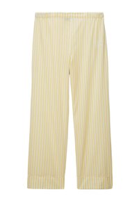 Pantalon rayé jaune et blanc avec une taille élastique, des jambes larges et une texture lisse. Ourlet cousu à la cheville.