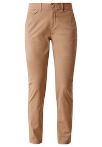 Bruna, figurnära chinos i bomull med en slät yta, femficksdesign och en knappstängning fram. Passar för avslappnad eller semi-formell klädsel.