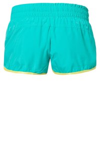 Tyrkysové plavky s elastickým pasem a žlutým lemováním, vyrobené z hladké, lehké látky s jednoduchým designem.