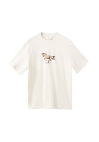 Puuvillainen t-paita luonnonvalkoisena, jossa edessä hevosen kuvio. Lyhyet hihat, pyöreä kaula-aukko ja rento istuvuus.