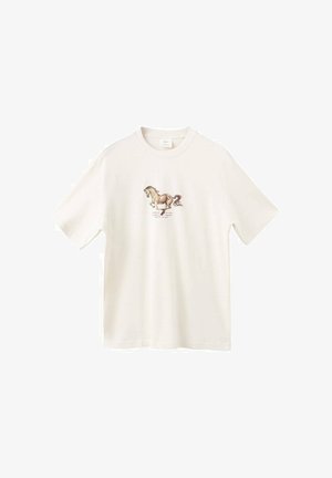 Cotton T-shirt in off-white featuring a horse graphic on the front. Short sleeves, crew neck, and relaxed fit design.