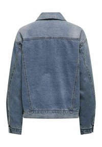 Giacca in denim azzurro chiaro con colletto classico, maniche lunghe e cuciture laterali. Presenta un orlo dritto e dettagli di cucitura minimi.