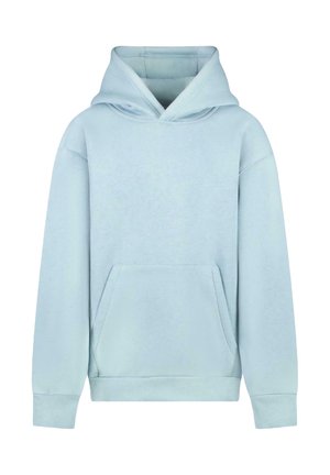 Lichtblauwe hoodie van zacht materiaal, met een kangoeroezak, ribgebreide mouwen en een ruime capuchon. Gladde textuur met een subtiele glans.