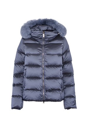 Giacca puffer blu navy con cappuccio in pelliccia sintetica staccabile, design trapuntato, zip frontale e polsi elasticizzati. Materiale liscio e lucido.