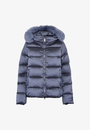 Granatowa kurtka puchowa z odpinanym kapturem z sztucznego futra, pikowany wzór, zamek błyskawiczny z przodu oraz elastyczne mankiety. Gładki, błyszczący materiał.
