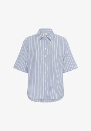 Himmelblaues Kurzarmhemd mit weißen vertikalen Streifen, Knopfleiste und abgerundetem Saum. Hergestellt aus weichem Stoff mit einer lässigen Passform.
