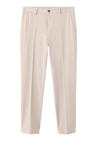 Pantalones beige de corte recto, confeccionados en tela lisa. Cuentan con bolsillos delanteros y cierre de un solo botón.