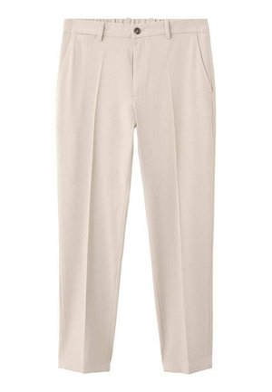 Pantalones beige de corte recto, confeccionados en tela lisa. Cuentan con bolsillos delanteros y cierre de un solo botón.