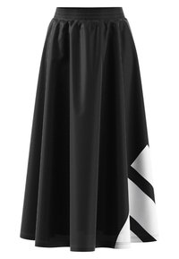 Lång svart kjol med bred silhuett, prydd med ett vitt geometriskt mönster vid fållen. Elastisk midja för komfort och enkel användning.