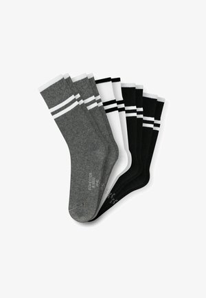 Set of six socks in gray, black, and white colors, featuring vertical stripes at the top. Made of a soft, textured fabric.