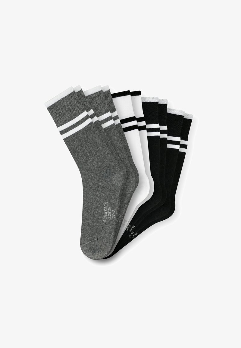 Ensemble de six chaussettes dans des couleurs gris, noir et blanc, avec des rayures verticales en haut. Fabriqué en un tissu doux et texturé.