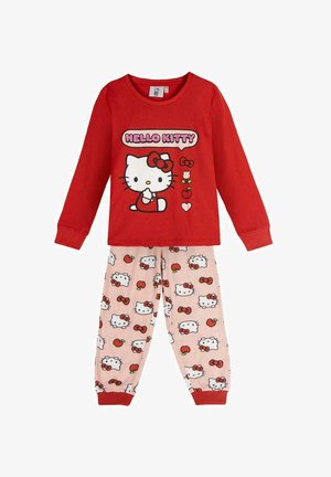 Red long-sleeve shirt features a Hello Kitty graphic with text. Light pink pants with an all-over Hello Kitty and cherry print, elastic cuffs.