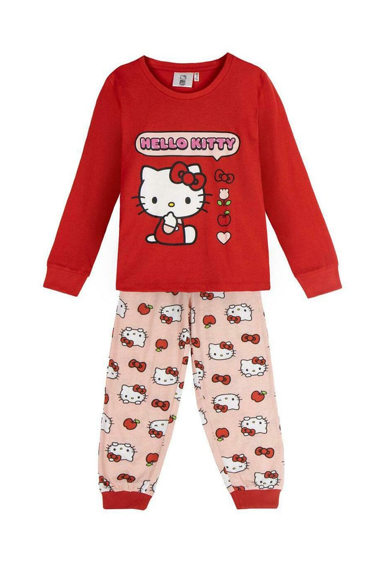 Red long-sleeve shirt features a Hello Kitty graphic with text. Light pink pants with an all-over Hello Kitty and cherry print, elastic cuffs.