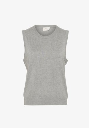 Graues ärmelloses Oberteil aus weichem Strickmaterial, mit rundem Halsausschnitt, seitlichen Schlitzen und einer leicht lockeren Passform.