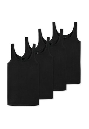 Cinq débardeurs noirs en coton avec de larges bretelles, une texture lisse et un ourlet droit, disposés en rangée.