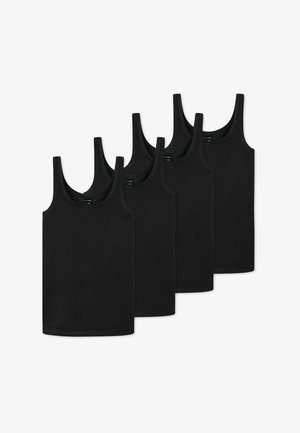 Fem sorte bomulds tanktoppe med brede skulderstropper, glat tekstur og lige kant, arrangeret i en række.