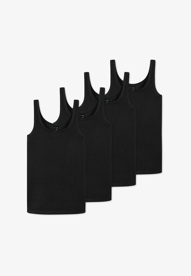 Cinque canottiere nere in cotone con spalline larghe, texture liscia e orlo dritto, disposte in fila.