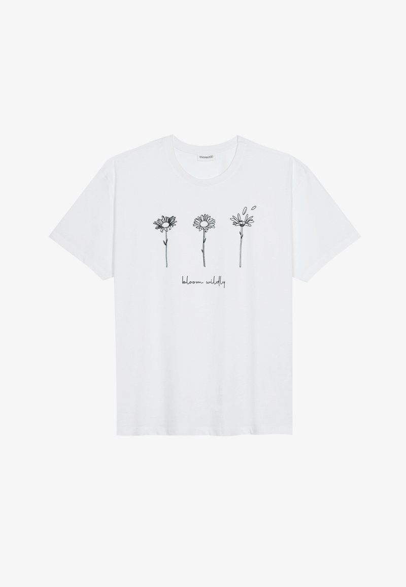 Weißes Baumwoll-T-Shirt mit drei skizzierten Blumendesigns und dem Text "wild blühen" in einer lässigen Schriftart unter den Illustrationen.