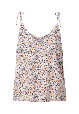 Blumiges Trägertop mit verstellbaren Krawatten-Trägern, weißer Stoff mit bunten Blumen in Orange, Pink und Schwarz. Leicht und locker geschnitten.