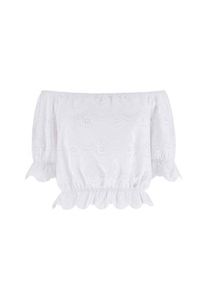 Biała bluzka z odkrytymi ramionami z haftem oczkowym, krótkimi bufkami oraz marszczonym elastycznym dołem i mankietami.