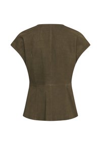 Haut en cuir marron à manches courtes avec taille cintrée et coutures verticales, vu de dos.