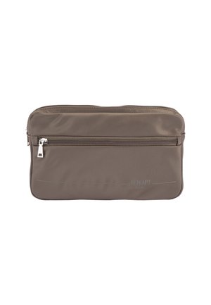 Rechteckige Taupe-Tasche mit zwei Reißverschlussfächern und dezent geprägt markiertem Logo auf der Vorderseite, aus glattem Stoff.