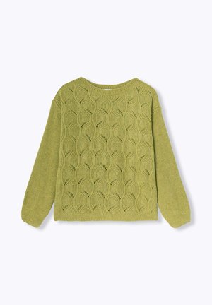 Pull en tricot de couleur vert clair, avec un motif de feuilles texturé, un col rond et des manches longues. Fil doux avec une coupe ample.