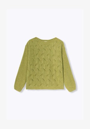 Pull en tricot de couleur vert clair, avec un motif de feuilles texturé, un col rond et des manches longues. Fil doux avec une coupe ample.