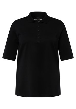 Polo noir à manches courtes avec col et patte de boutonnage à cinq boutons, présenté sur fond blanc.