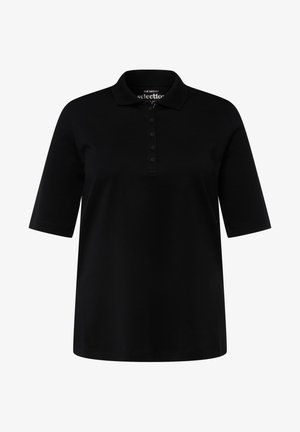 Sort kortærmet poloshirt med krave og fem-knaps lukning, vist på en hvid baggrund.