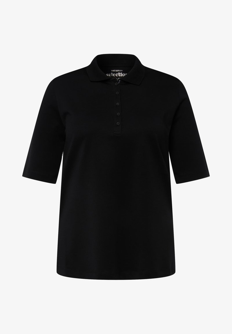 Polo noir à manches courtes avec col et patte de boutonnage à cinq boutons, présenté sur fond blanc.