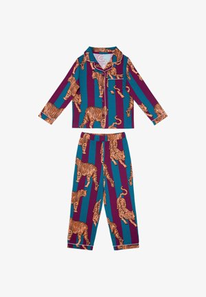 Set di pigiama in cotone caratterizzato da un motivo a righe in verde acqua e bordeaux con grandi stampe di tigri arancioni. Include una camicia con bottoni e pantaloni abbinati.