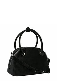 Borsa a tracolla in suede nera con forma arrotondata, doppio manico superiore, tracolla removibile, accessori in argento e chiusura con zip.